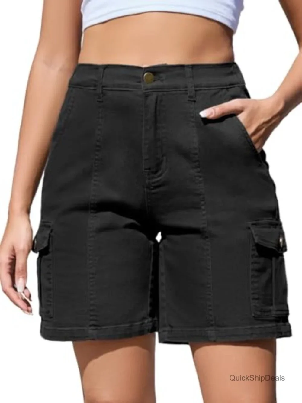 High Waisted Stretchy Bermuda Jean Shorts 7 Inch Inseam with Pockets